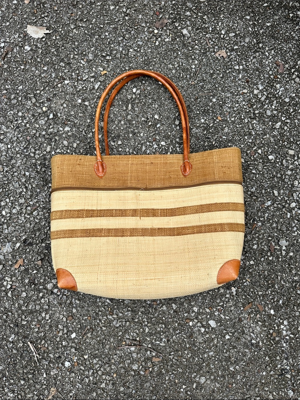 Vintage Straw Tote with Tan and Brown Leather Accents